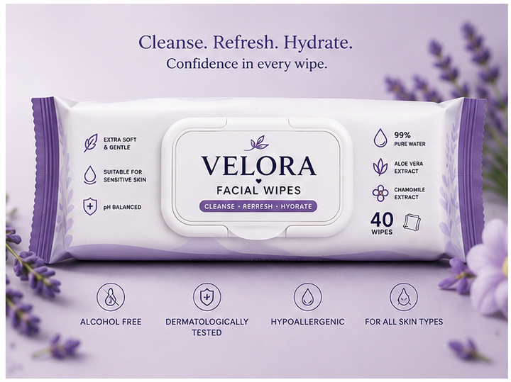 Velora Facial Wipes – Cleanse, Refresh & Hydrate | 40 Wipes Each | Pack of 6 – 240 Wipes Total