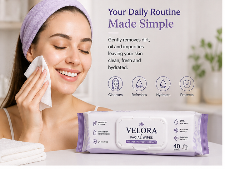 Velora Facial Wipes – Cleanse, Refresh & Hydrate | 40 Wipes Each | Pack of 6 – 240 Wipes Total