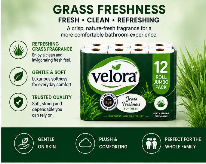 Velora Grass Scented 3-Ply Quilted Toilet Tissue – 12 Roll Pack