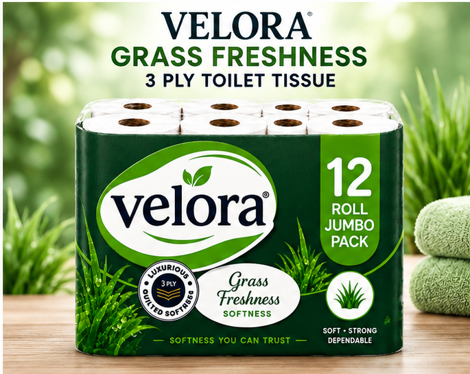Velora Grass Scented 3-Ply Quilted Toilet Tissue – 12 Roll Pack