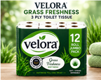 Velora Grass Scented 3-Ply Quilted Toilet Tissue – 12 Roll Pack
