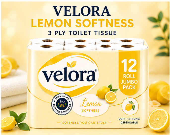 Velora Lemon Scented 3-Ply Quilted Toilet Tissue – 12 Roll Pack