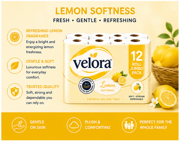 Velora Lemon Scented 3-Ply Quilted Toilet Tissue – 12 Roll Pack