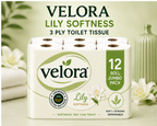 Velora Lily Scented 3-Ply Quilted Toilet Tissue – 12 Roll Pack
