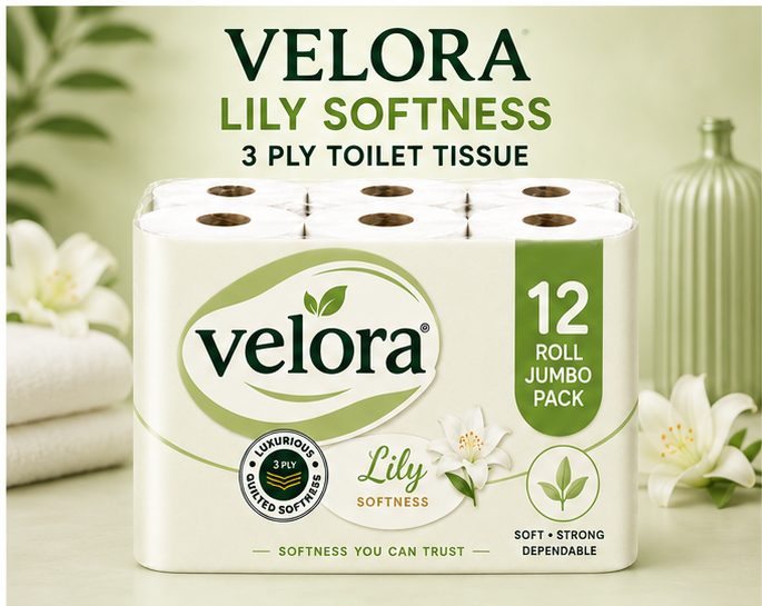 Velora Lily Scented 3-Ply Quilted Toilet Tissue – 12 Roll Pack