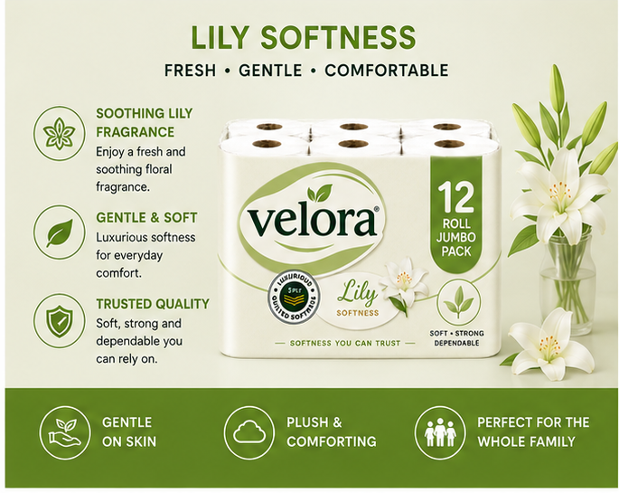 Velora Lily Scented 3-Ply Quilted Toilet Tissue – 12 Roll Pack