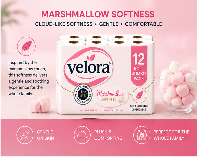 Velora Marshmallow Scented 3-Ply Quilted Toilet Tissue – 12 Roll Pack