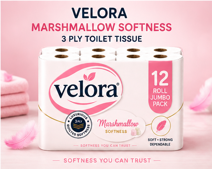 Velora Marshmallow Scented 3-Ply Quilted Toilet Tissue – 12 Roll Pack