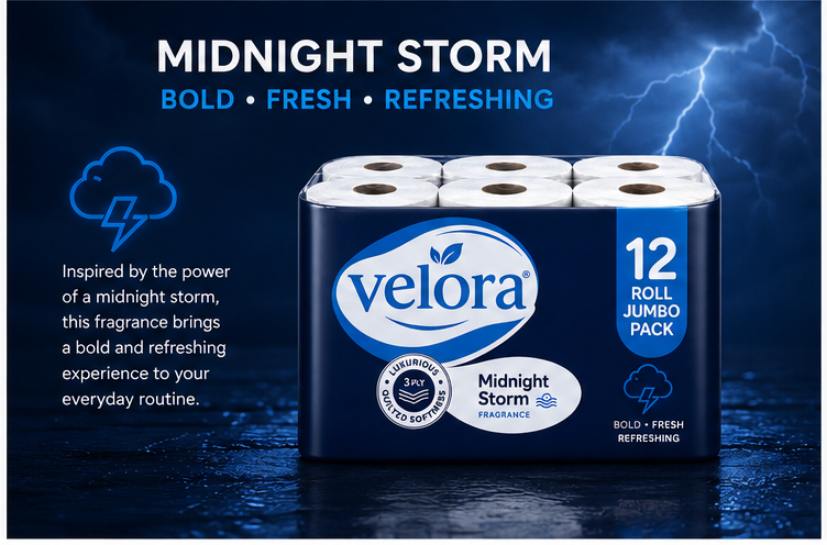 Velora Midnight Storm Scented 3-Ply Quilted Toilet Tissue – 12 Roll Pack