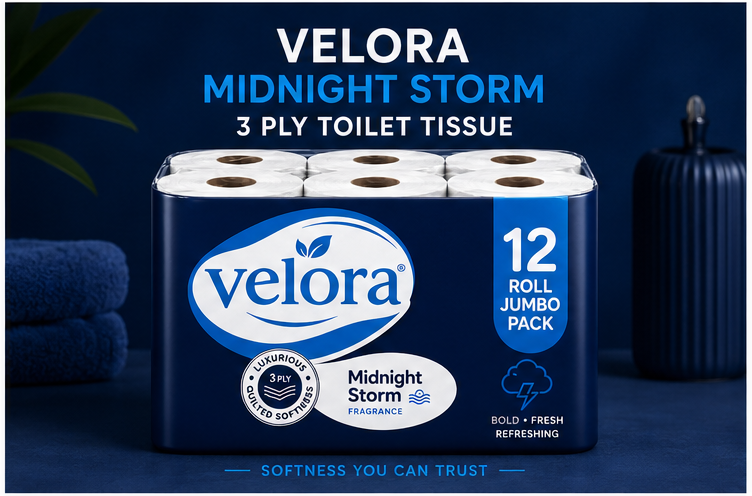 Velora Midnight Storm Scented 3-Ply Quilted Toilet Tissue – 12 Roll Pack