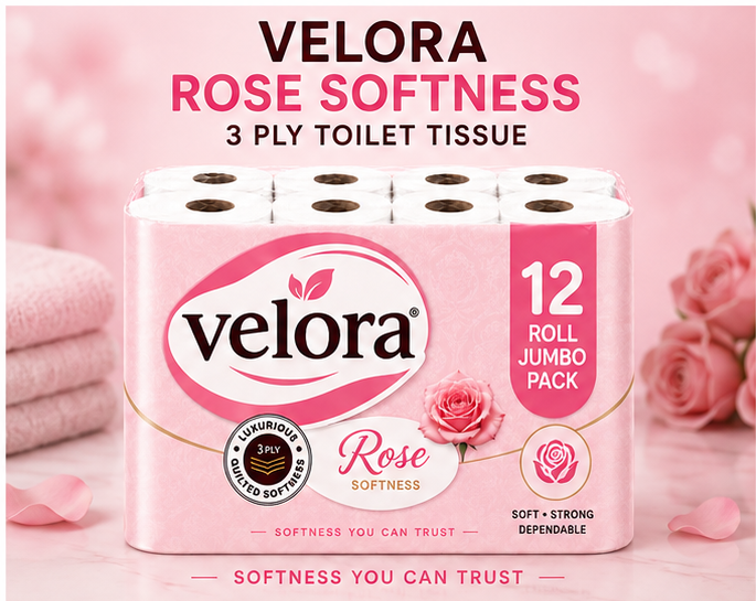 Velora Rose Scented 3-Ply Quilted Toilet Tissue – 12 Roll Pack