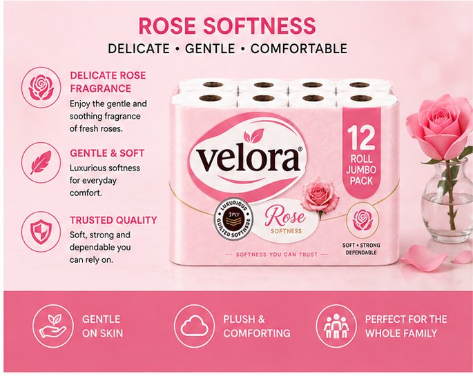 Velora Rose Scented 3-Ply Quilted Toilet Tissue – 12 Roll Pack