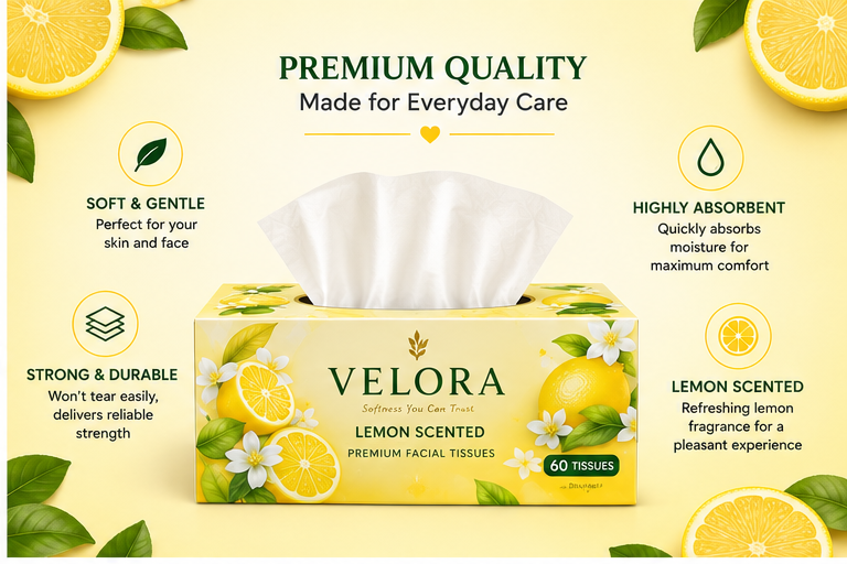 VELORA Lemon Scented Premium Facial Tissues – Pack of 4 | 60 Tissues per Box | Soft, Strong & Absorbent