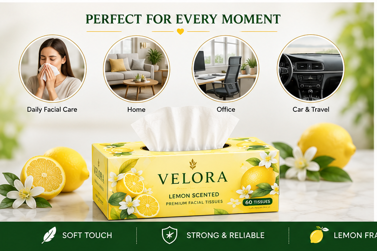 VELORA Lemon Scented Premium Facial Tissues – Pack of 4 | 60 Tissues per Box | Soft, Strong & Absorbent
