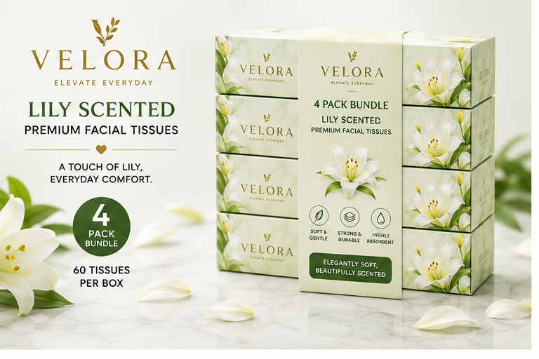 VELORA Lily Scented Premium Facial Tissues – Pack of 4 | 60 Tissues per Box | Soft, Strong & Absorbent
