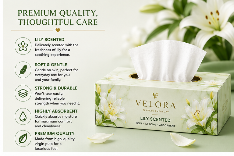 VELORA Lily Scented Premium Facial Tissues – Pack of 4 | 60 Tissues per Box | Soft, Strong & Absorbent