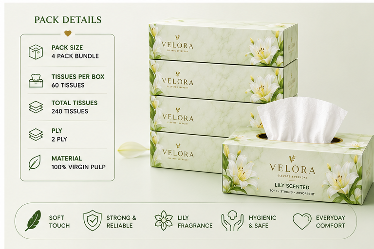 VELORA Lily Scented Premium Facial Tissues – Pack of 4 | 60 Tissues per Box | Soft, Strong & Absorbent