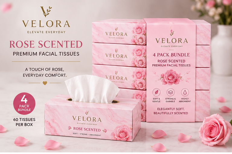 VELORA Rose Scented Premium Facial Tissues – Pack of 4 | 60 Tissues per Box | Soft, Strong & Absorbent