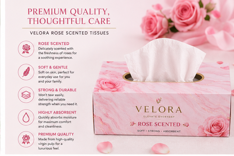 VELORA Rose Scented Premium Facial Tissues – Pack of 4 | 60 Tissues per Box | Soft, Strong & Absorbent