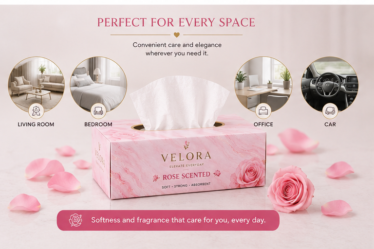 VELORA Rose Scented Premium Facial Tissues – Pack of 4 | 60 Tissues per Box | Soft, Strong & Absorbent