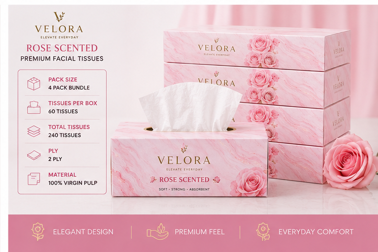 VELORA Rose Scented Premium Facial Tissues – Pack of 4 | 60 Tissues per Box | Soft, Strong & Absorbent