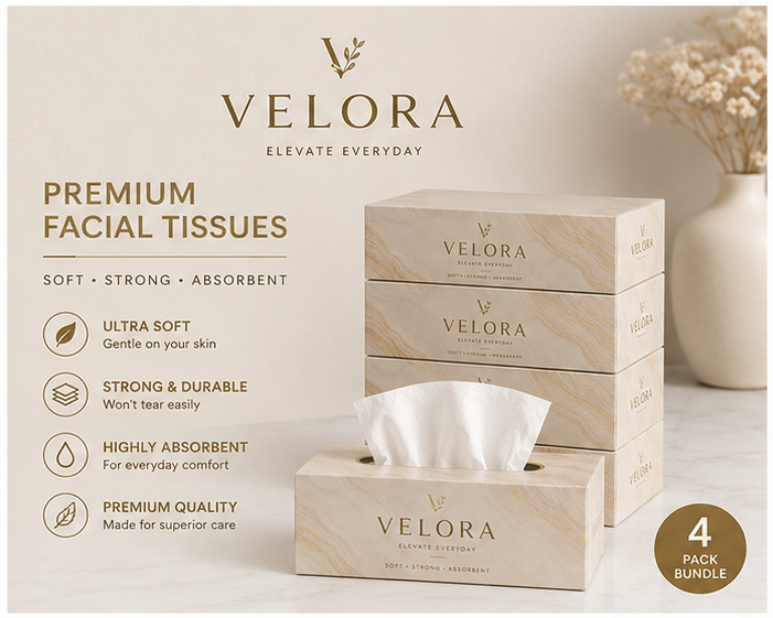 VELORA Premium Facial Tissues – Pack of 4 | 60 Tissues per Box | Soft, Strong & Absorbent