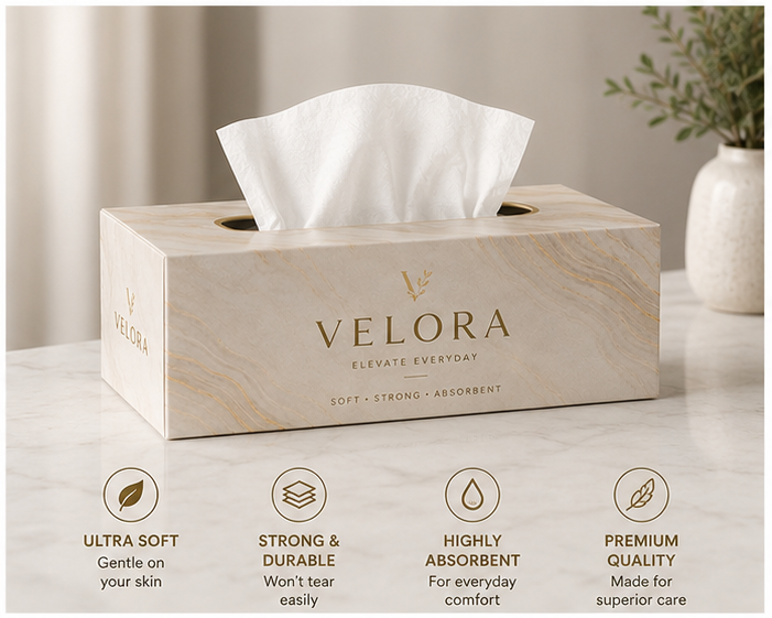 VELORA Premium Facial Tissues – Pack of 4 | 60 Tissues per Box | Soft, Strong & Absorbent